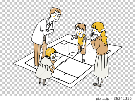 A family who enjoys discussing the ideal floor plan, a comical handwritten person, a vector, and simple coloring of line drawings. 86241336