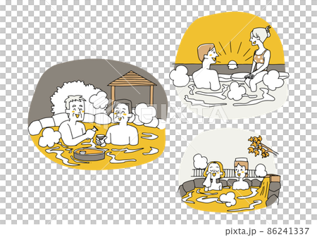 A set of people who enjoy soaking in an outdoor hot spring, a comical handwritten person, a vector, and simple coloring of line drawings. 86241337