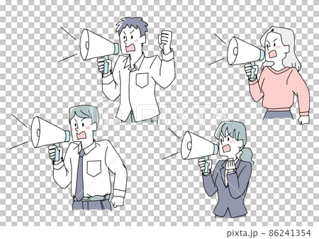 拡声器で叫ぶ人々のセット　コミカルな手書きの人物　ベクター、線画にシンプルな色つけ　 86241354