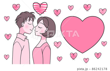 キス手前の若いカップルと、たくさんのハート 86242178