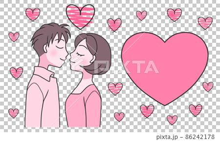 キス手前の若いカップルと、たくさんのハート 86242178