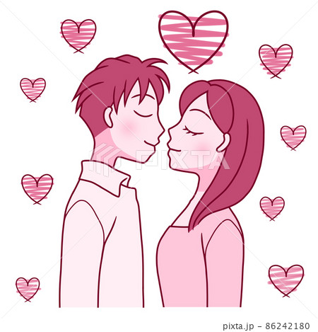 キス手前の若いカップルと ハートのイラスト素材