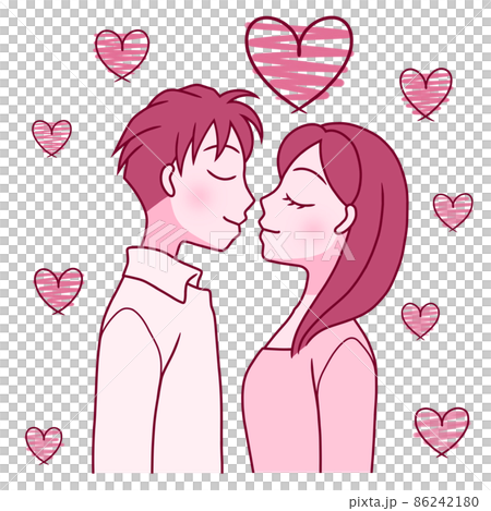 キス手前の若いカップルと ハートのイラスト素材 キス手前の若いカップルと ハートのイラスト素材