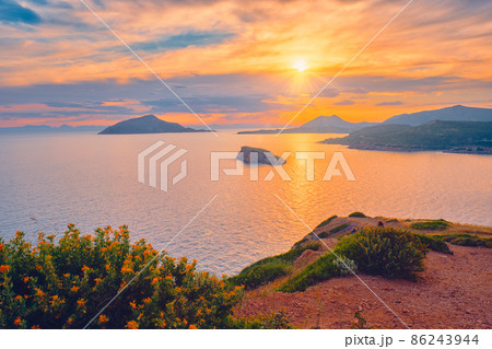 Aegean Sea with islands view on sunset Aegean Sea with islands view on sunset 86243944