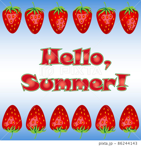 Hello summer card. Text with pink strawberries. Cute strawberry pattern. Summer fruit illustration. Summer fruits banner and flyer 86244143