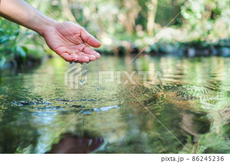 hand touches  water in the pond 86245236