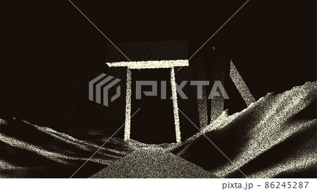 Ancient ruins in sci-fi scene with dotwork retro style. Mysterious gate debris with dramatic lights and retro texture 86245287