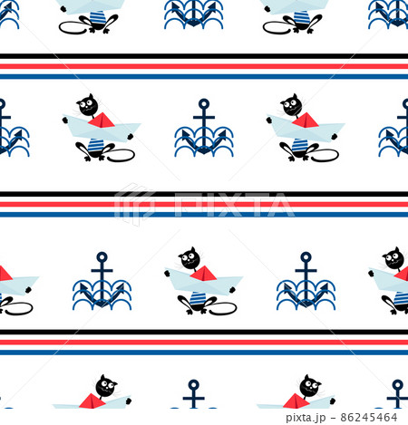 Marine background. Cat sailor, paper boat with an anchor. Seamless striped pattern. Design of marine drawing with paper boats and a cat for childrens textiles. Vector illustration 86245464