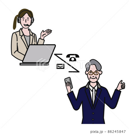 スマホ越しの女性のオペレーターとシニア男性がメールや電話をする白バックの線画のベクターイラスト 86245847