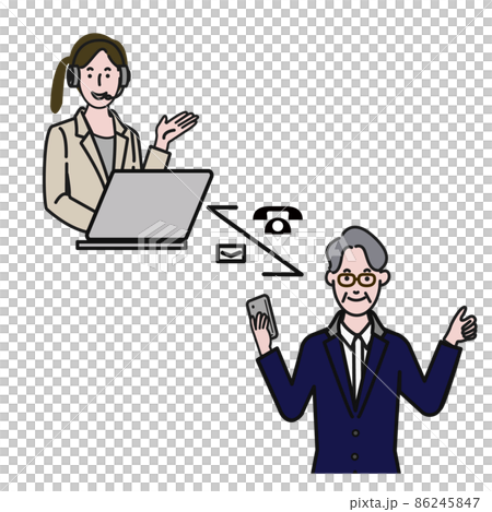 白色背景線條圖的矢量圖,其中女性操作員和高級男子通過智能手機發送電子郵件或電話 白色背景線條圖的矢量圖,其中女性操作員和高級男子通過智能手機發送電子郵件或電話 86245847