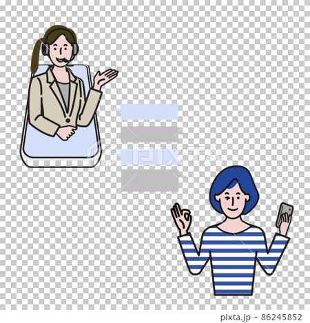 白色背景線條圖的矢量圖解,其中女性操作員通過智能手機和休閒女性聊天 白色背景線條圖的矢量圖解,其中女性操作員通過智能手機和休閒女性聊天 86245852