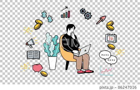 リラックスした仕草でパソコンをする男性とビジネスアイコンのイラスト リラックスした仕草でパソコンをする男性とビジネスアイコンのイラスト 86247016