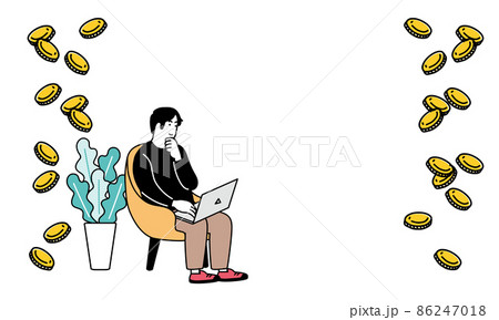 リラックスした仕草でパソコンをする男性とコインのイラスト リラックスした仕草でパソコンをする男性とコインのイラスト 86247018