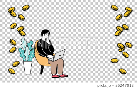 リラックスした仕草でパソコンをする男性とコインのイラスト リラックスした仕草でパソコンをする男性とコインのイラスト 86247018