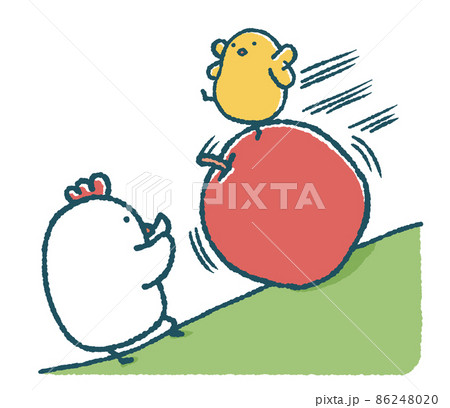 ゆるいひよこは転がる大きなりんごに乗ってにわとりはそれを止めようとしているのイラスト素材