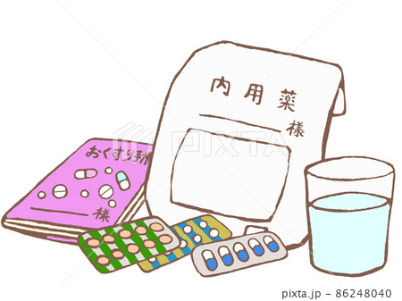 ヒートに入った抗精神病薬　お薬手帳　コップに入った水 86248040