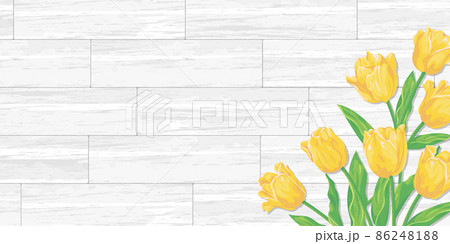 黄色いチューリップと白い木目調の背景 ベクターイラスト素材 バナーサイズのイラスト素材