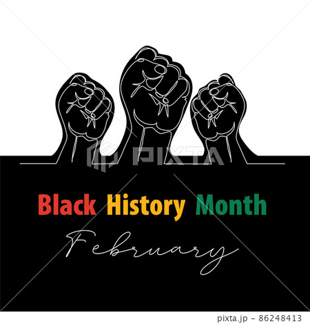 Black History Month vector banner, poster, card with fists. One continuous line art drawing illustration with hands, arms Black History Month vector banner, poster, card with fists. One continuous line art drawing illustration with hands, arms 86248413