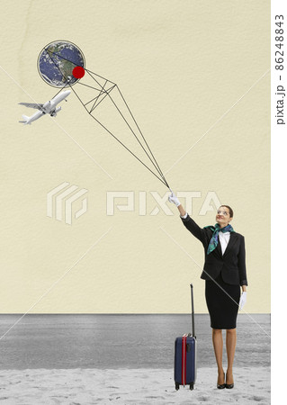 Happy young girl, stewardess getting ready to fly to another planet. Modern design, contemporary art collage. 86248843