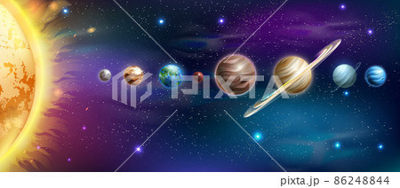 Solar system planet background, vector sun galaxy astrology infographic poster, Earth, Jupiter 86248844