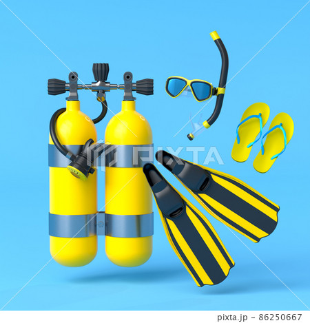 Colorful scuba stuff and beach accessories like umbrella, flip flops and inflatable ring on blue background. 3D render of summer vacation concept and holidays 86250667