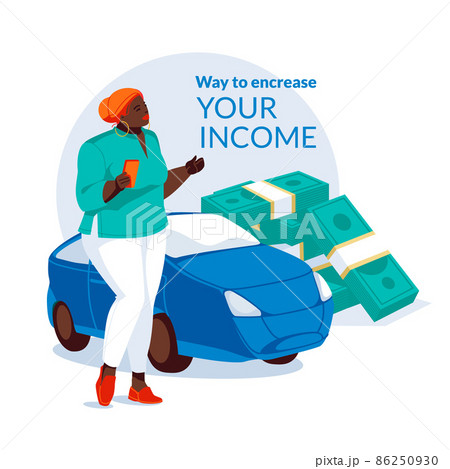 The concept of passive income. A black woman stands with a smartphone in her hand near the car. In the background are large bundles of dollars. Income growth concept. Flat vector illustration. The concept of passive income. A black woman stands with a smartphone in her hand near the car. In the background are large bundles of dollars. Income growth concept. Flat vector illustration. 86250930