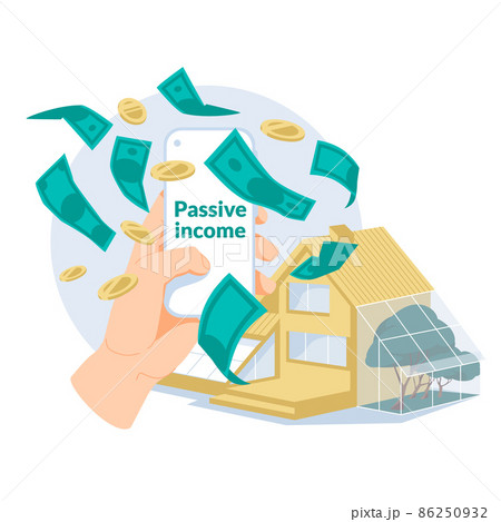 The concept of passive income. The human hand is holding a smartphone. Money rain. Cottage in the background. Income growth concept. Flat vector illustration. 86250932