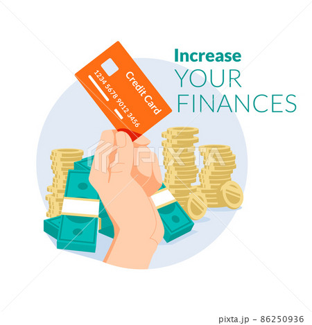 The concept of passive income. Increase your finances. The human hand holds a bank card. Stacks of dollars and coins in the background. Income growth concept. Flat vector illustration. 86250936