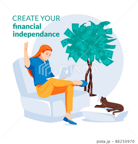 Passive income concept. Financial independence and increase income. Woman with laptop and tree money sitting at home. Influencer, investor. Flat vector illustration. 86250970