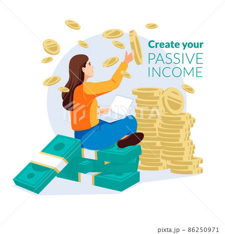 Passive income concept. Financial independence and increase income. Woman with laptop and money. Influencer, investor. Flat vector illustration. Passive income concept. Financial independence and increase income. Woman with laptop and money. Influencer, investor. Flat vector illustration. 86250971