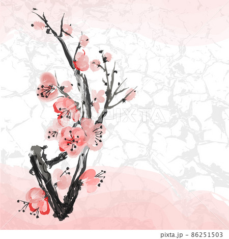 Cherry blossom event template with hand drawn branch with pink cherry flowers blooming on grange texture. Chinese or Japanese traditional drawing. Watercolor effect. Vector Cherry blossom event template with hand drawn branch with pink cherry flowers blooming on grange texture. Chinese or Japanese traditional drawing. Watercolor effect. Vector 86251503