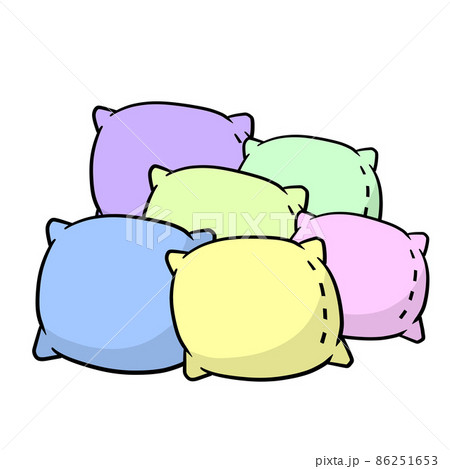 Set of pillows. Large and small object. Cartoon flat illustration. Soft colored cushions in blue, green and pink. Element of bedroom and bed for sleep 86251653
