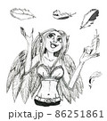 Graphic drawing of an elf girl with angel wings and feathers floating in the air. 86251861