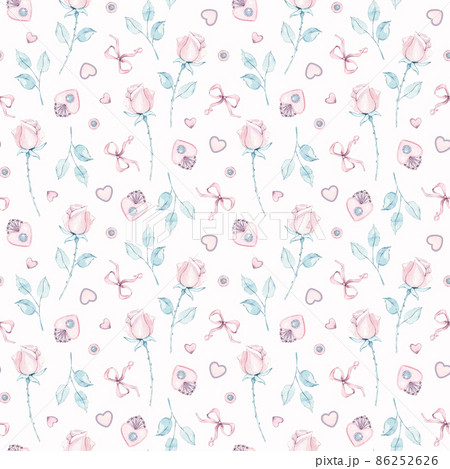 Watercolor seamless pattern with rustic Provence Rose flowers, hearts, bow, leaves. Hand drawn. For mother, birthday, valentine, love cards, linen, wrapping, wallpaper, home decor textile. Watercolor seamless pattern with rustic Provence Rose flowers, hearts, bow, leaves. Hand drawn. For mother, birthday, valentine, love cards, linen, wrapping, wallpaper, home decor textile. 86252626
