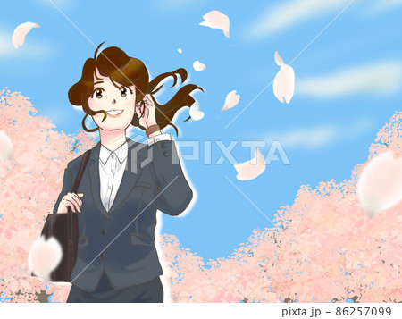 スーツを着た女性が青空の桜並木を歩くイラスト 86257099