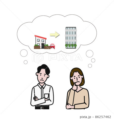 困った顔をし住み替えを考える若いカジュアルな男女カップルの白背景に線画の動画にも使えるシンプルなイラ 86257462