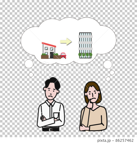 困った顔をし住み替えを考える若いカジュアルな男女カップルの白背景に線画の動画にも使えるシンプルなイラ 86257462