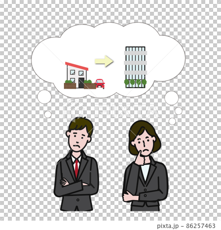 困った顔をし住み替えを考える若いスーツをきた男女カップルの白背景に線画の動画にも使えるシンプルなイラ 困った顔をし住み替えを考える若いスーツをきた男女カップルの白背景に線画の動画にも使えるシンプルなイラ 86257463