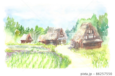 水彩で描いた茅葺屋根の家と田んぼのある田舎の風景 86257550