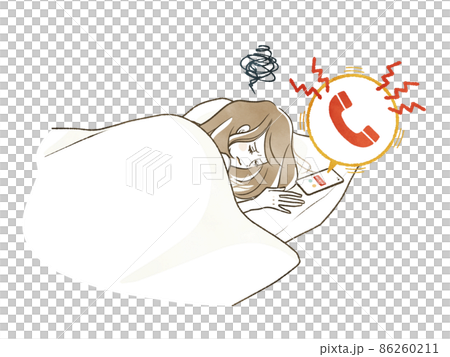 眠っている女性と着信音が鳴るスマホ 86260211