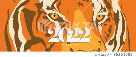 Happy new year vector illustration numbers 2022 modern pattern on tiger face that is staring at you with fierce eyes For designing postcards, posters, brochures, banners.  86261088