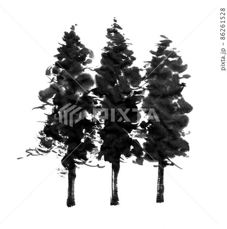 水墨画技法で描いた3本の杉のイラスト素材