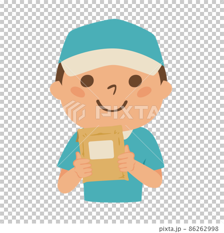 Illustration of a man in a delivery company holding a cardboard box. A man with a small baggage. Illustration of a man in a delivery company holding a cardboard box. A man with a small baggage. 86262998