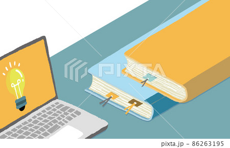 机に置かれたノートパソコンと本のイラストレーション 86263195