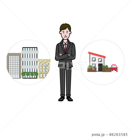 悩んだ顔をしマンションか戸建てか考える若いスーツ姿の男性の白背景に線画の動画にも使えるシンプルなイラ 86263585