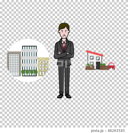 悩んだ顔をしマンションか戸建てか考える若いスーツ姿の男性の白背景に線画の動画にも使えるシンプルなイラ 86263585
