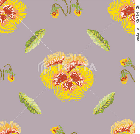 Hand drawn viola flowers in embroidery style seamless pattern. 86264906