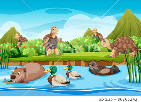 River in the forest with wild animals River in the forest with wild animals 86265242