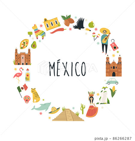 Tourist abstract design with famous destinations and landmarks of Mexico. 86266287