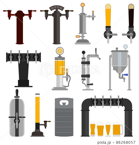 Set of beer equipment for bar including beer pump, dispenser with tap and handle and with set full glass beer mugs with foam. Pouring in beer glasses. Vector drawing. Illustration isolated flat icons. Set of beer equipment for bar including beer pump, dispenser with tap and handle and with set full glass beer mugs with foam. Pouring in beer glasses. Vector drawing. Illustration isolated flat icons. 86268057